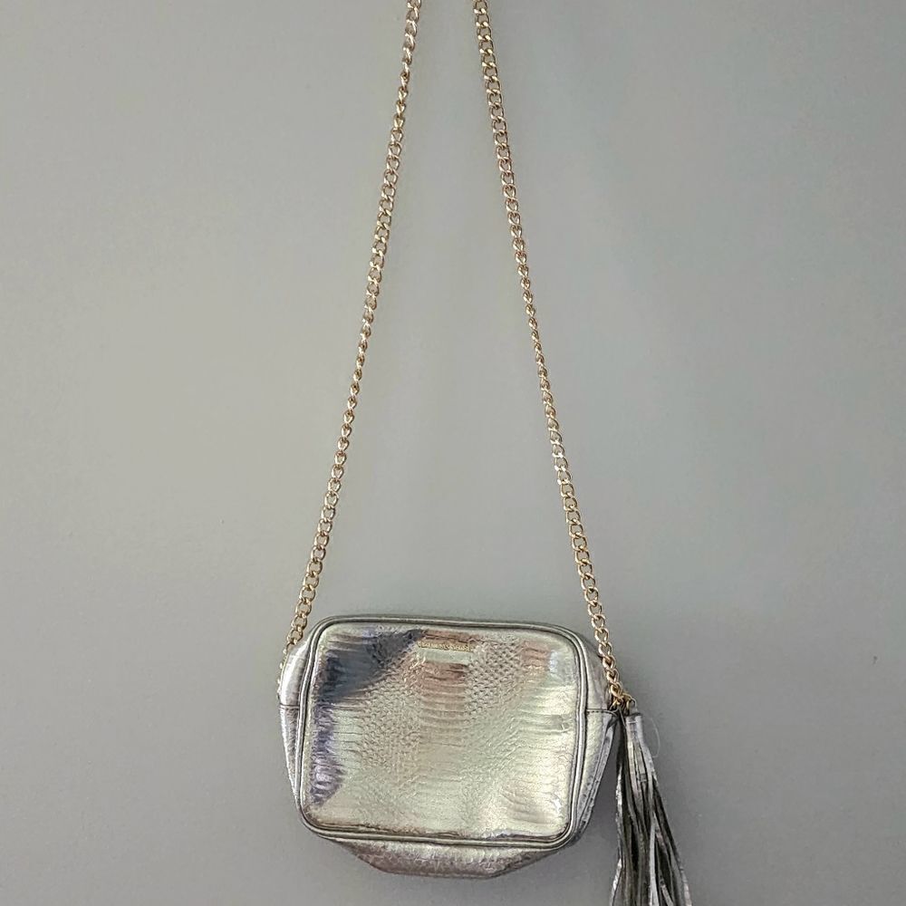 Victoria's Secret crossbody silver metallic purse with gold metal strap